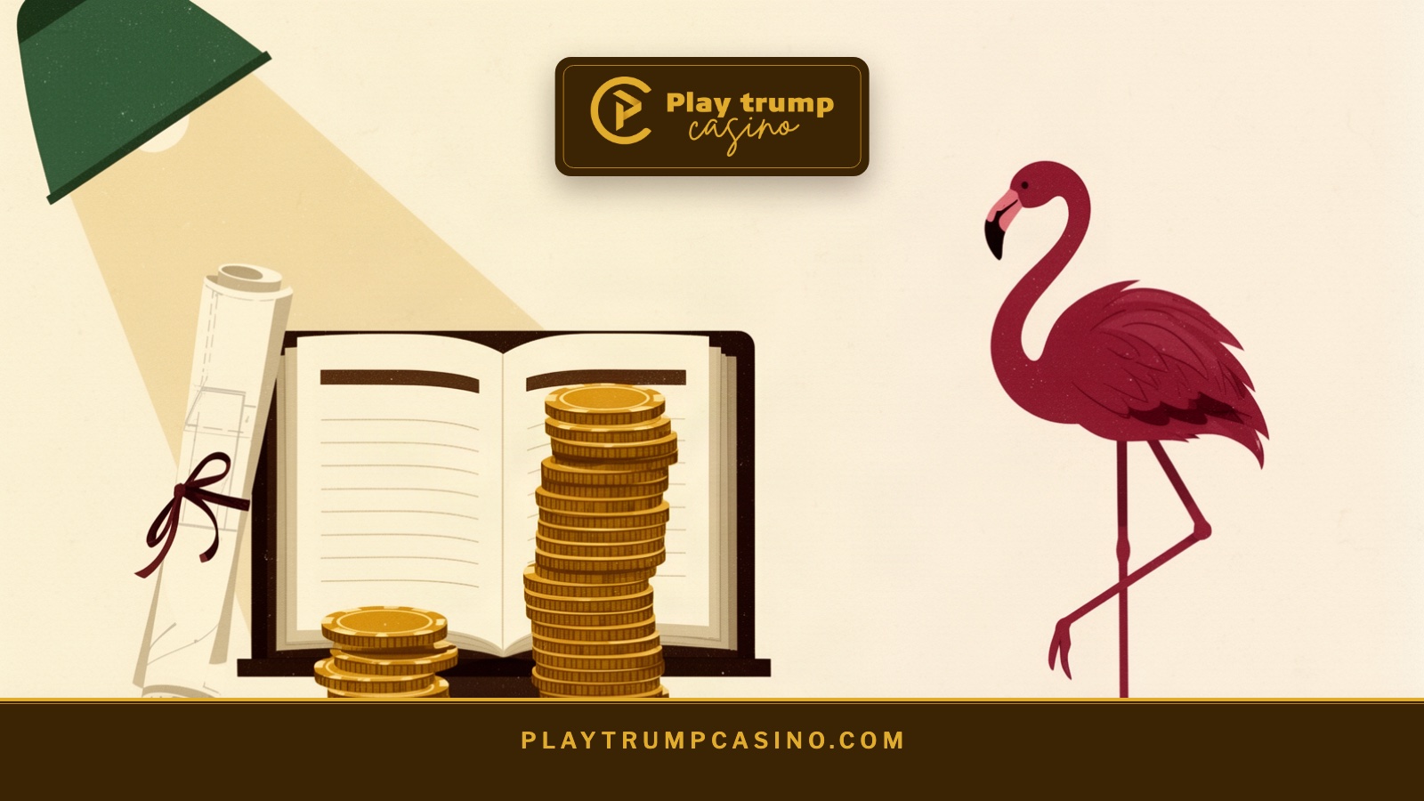 A ledger on a lectern beside a short and a tall stack of gold chips, with a red flamingo standing nearby.