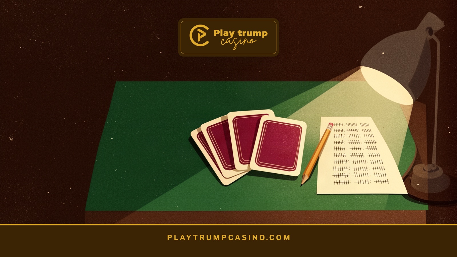 Book-jacket style print of four face-down cards, a pencil and a tally sheet on a green card table under a lamp.