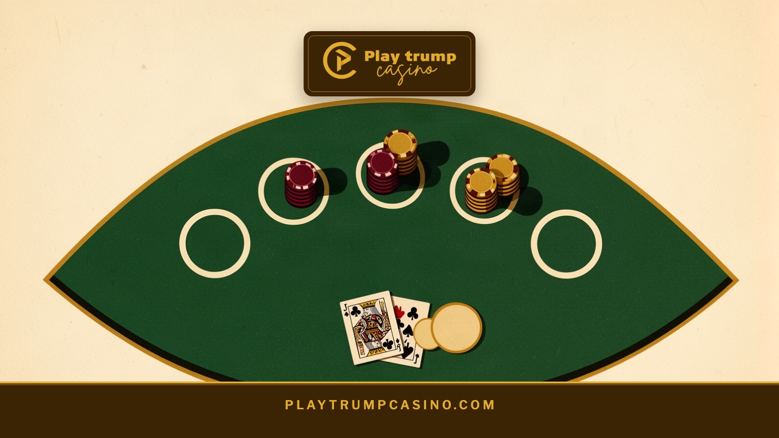 Book-jacket style print of a green card table from above with four betting rings, chips and two cards.