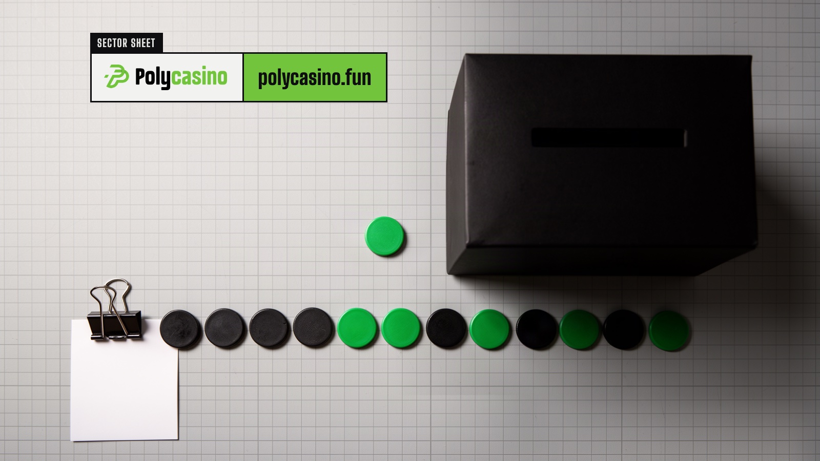 A black ballot box on a grid mat with one green token next to it and a long row of black and green tokens leading to it.