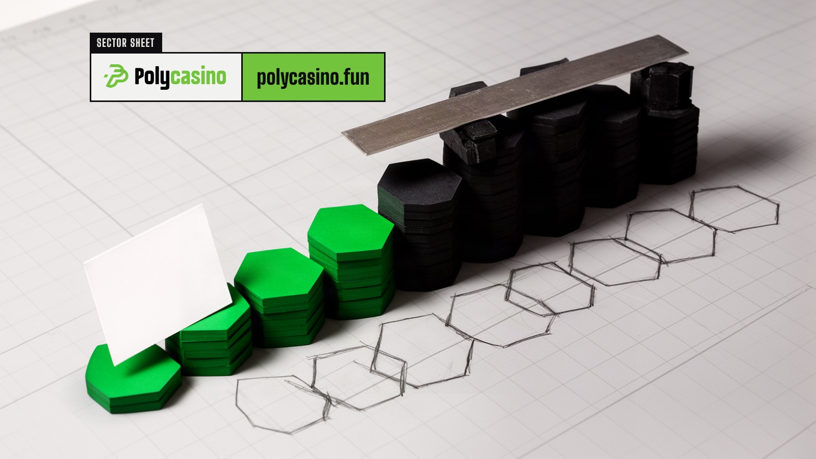 Rows of hexagonal tokens stacked like bars, green and black ones built and capped by a steel straightedge, with only outlines marking the stacks still planned.