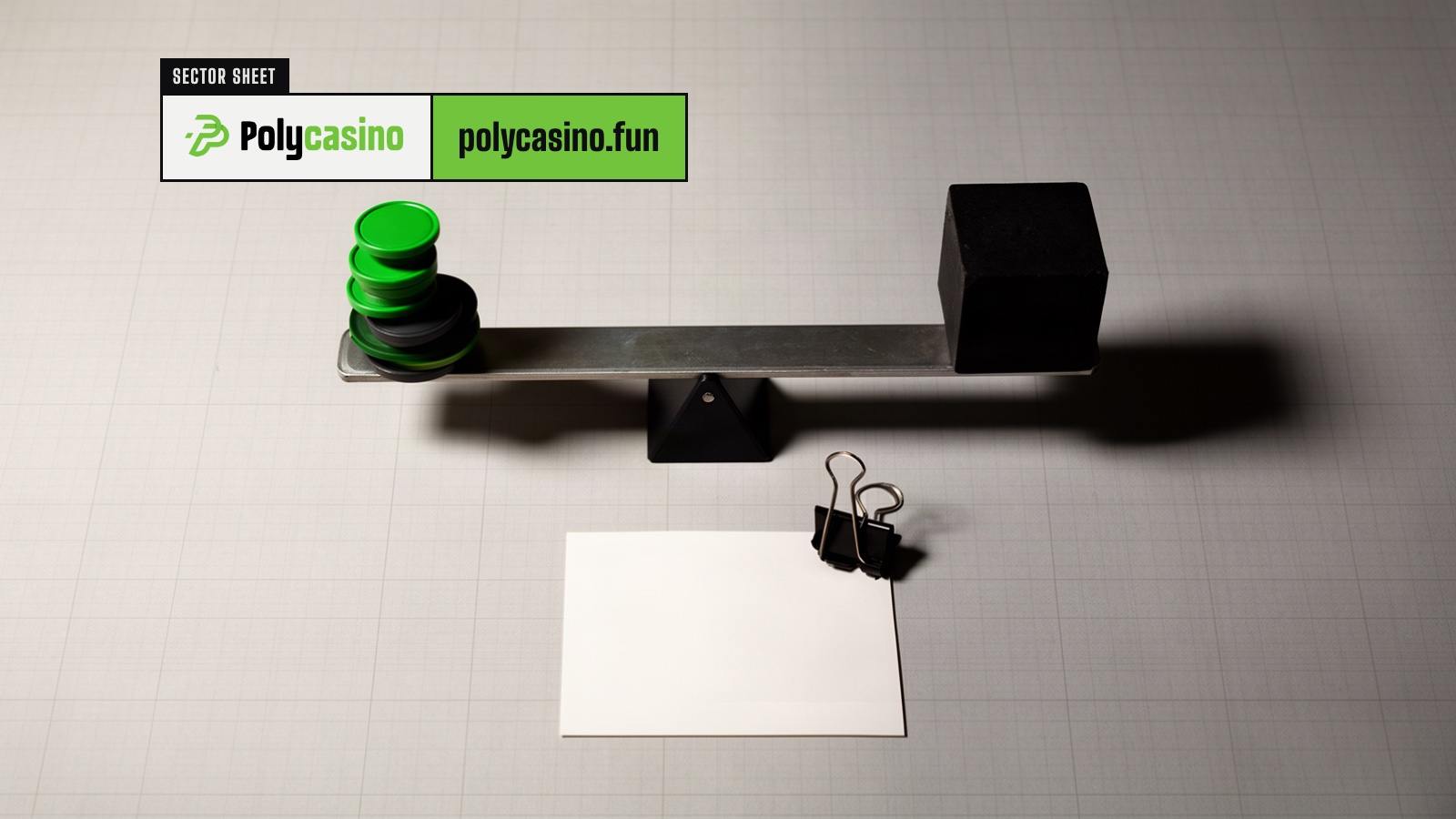 A flat steel seesaw tipped down under one heavy black block while a small stack of green tokens sits lifted on the other end.