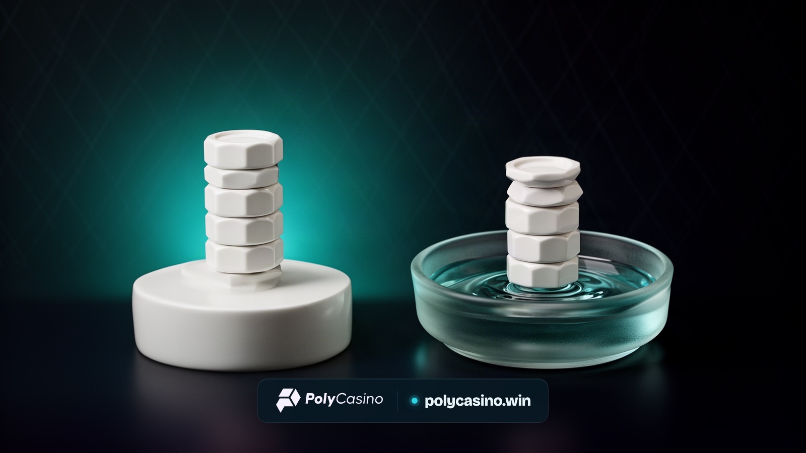 A stack of five porcelain chips on a plinth beside a slightly shorter stack of four standing in a basin of teal water on a dark stage.