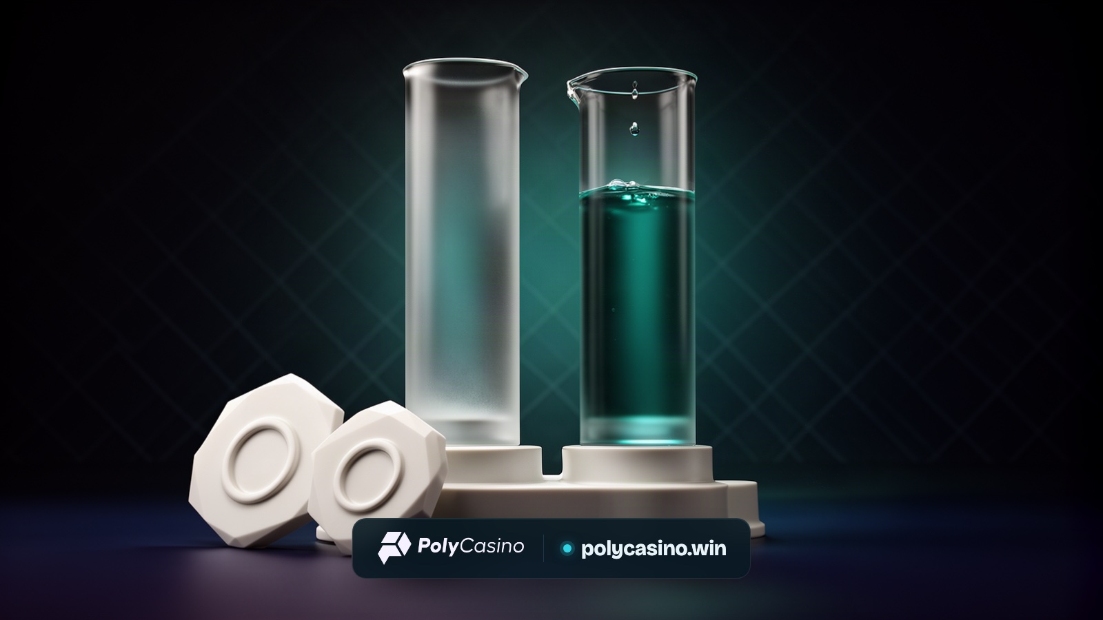 Two frosted-glass cylinders on a porcelain plinth, the left nearly empty and the right filled with teal water to about two thirds, beside two blank porcelain chips.