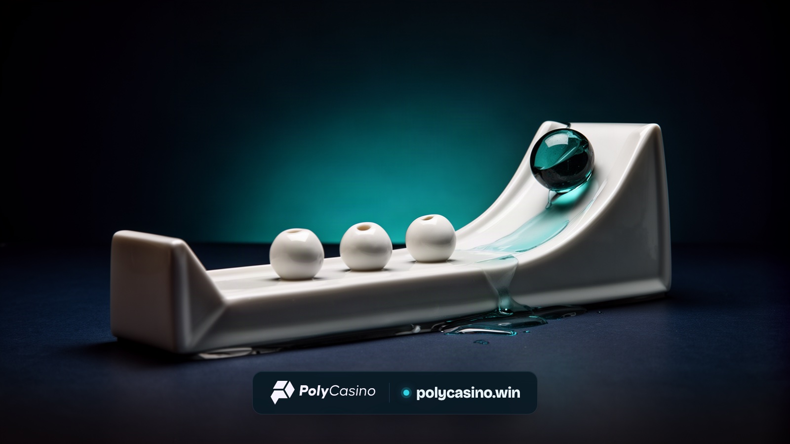 A white porcelain trough with a flat middle holds four matching beads while one teal glass bead has rolled up the steep side.
