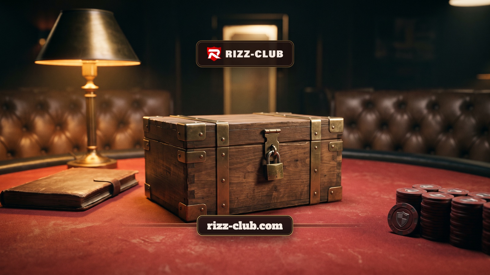 A sealed brass-bound wooden crate with a padlock sits on red card-table felt beside a closed ledger in a warmly lit club.