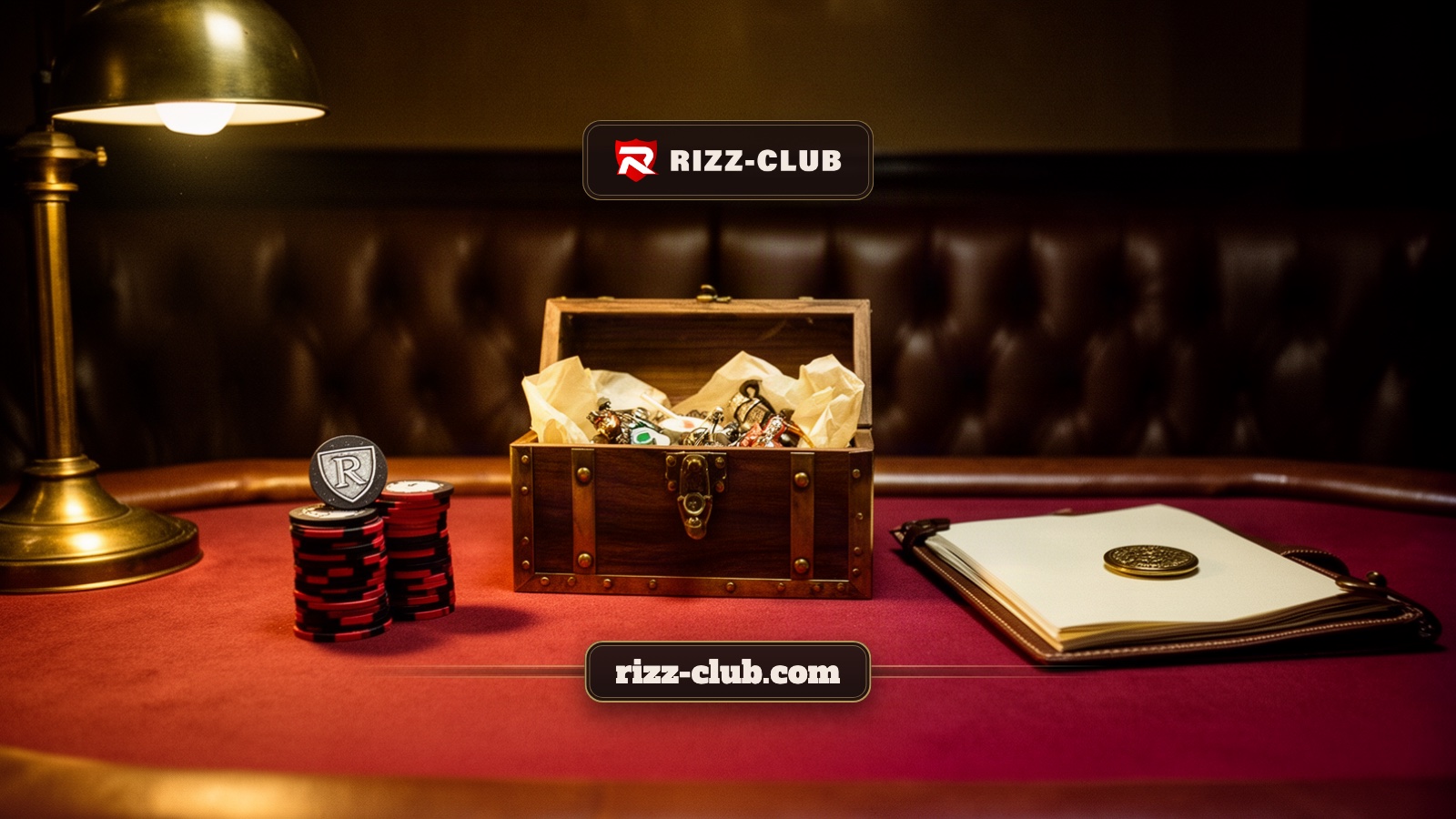 A brass-bound wooden crate of wrapped trinkets stands open on red felt beside a blank ledger and a stack of chips in a warm card club.