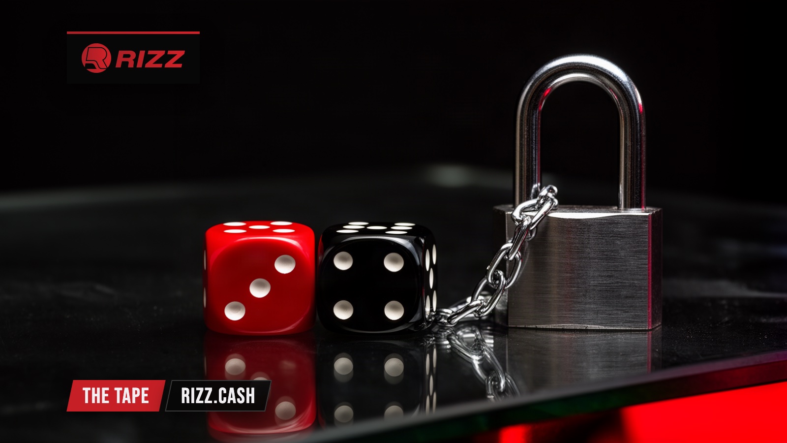 Two matching casino dice, one red and one black, on black glass with a chrome chain linking one to a closed steel padlock.