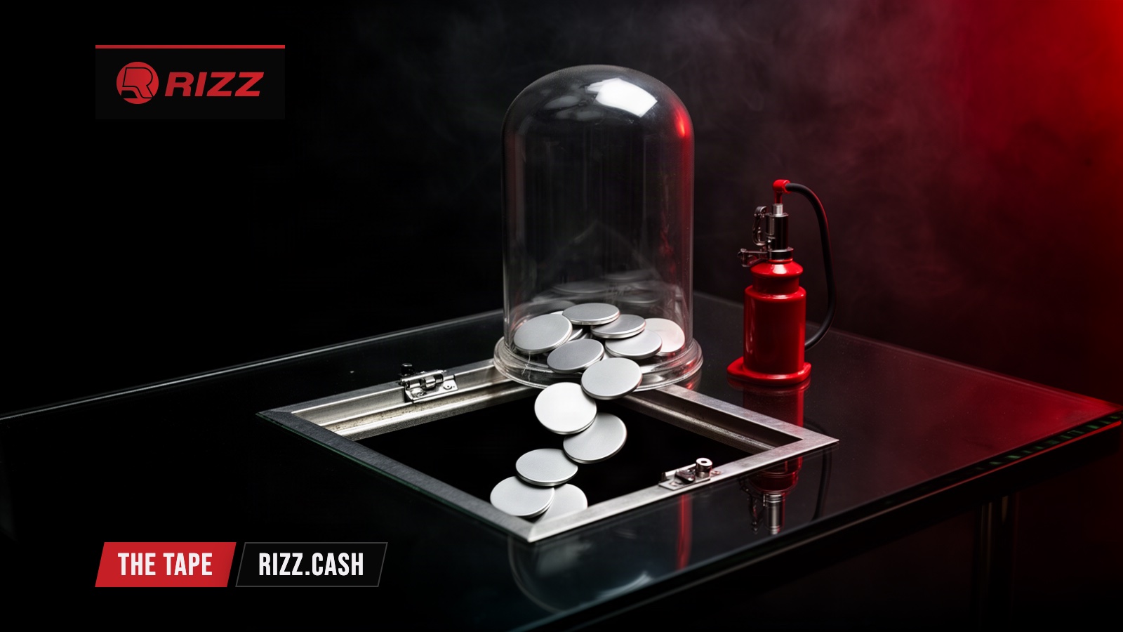 A glass bell jar of blank silver discs draining through an open trapdoor in a black tabletop, with a red hand pump beside it.