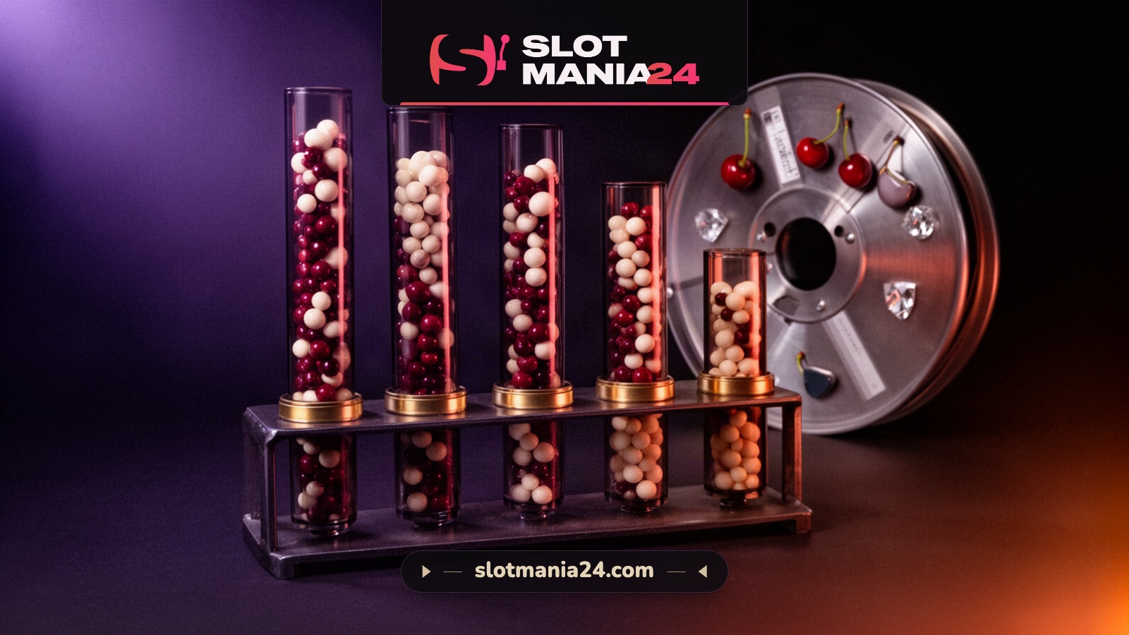 Five identical smoked-acrylic tubes in a steel rack, filled with red and ivory marbles to five descending levels, in front of a bare reel drum.