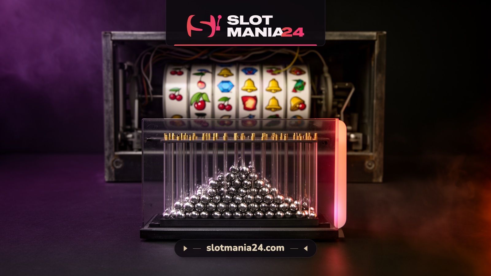 A small bean machine with steel balls settled into a bell curve, in front of an open slot cabinet's reel drum.