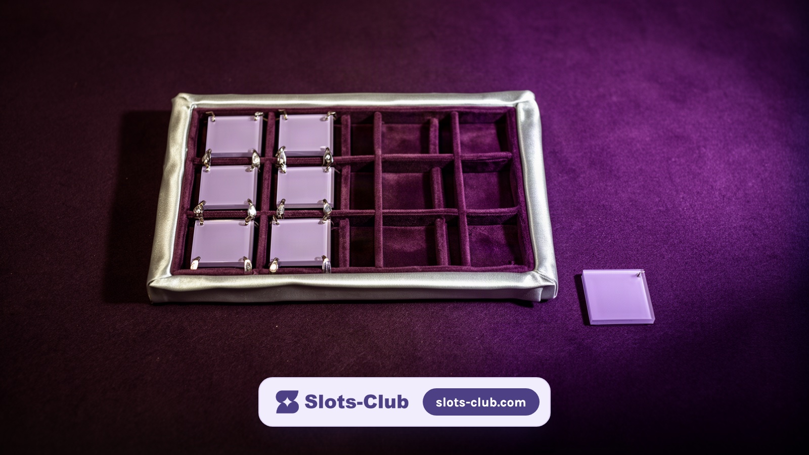 A flat silver grid tray on purple felt with seven lavender tiles clamped in a connected block and one more tile waiting beside it.