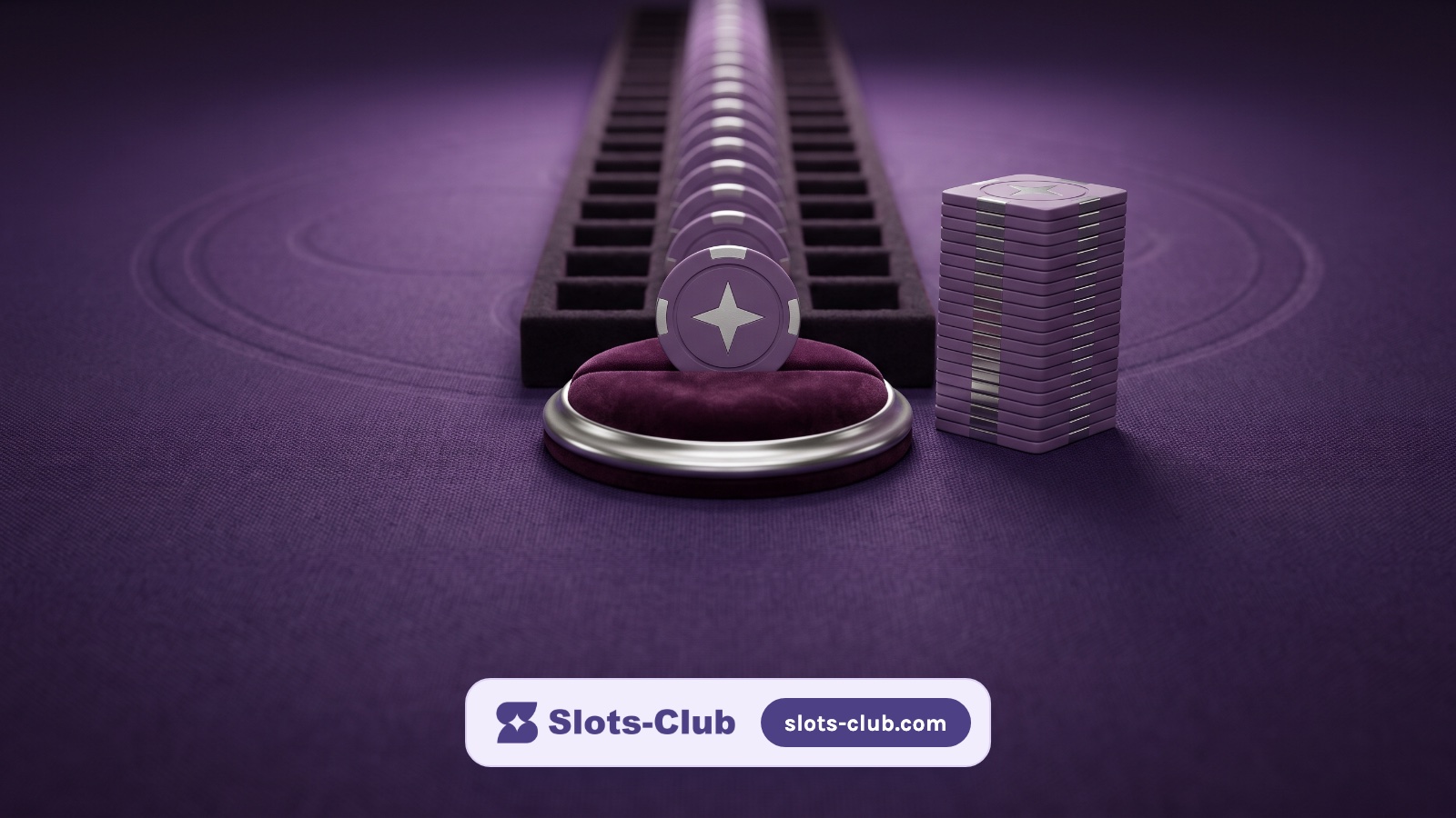 A row of chips waiting in a felt tray beside one star chip on a velvet cushion and a tall chip tower as its price.