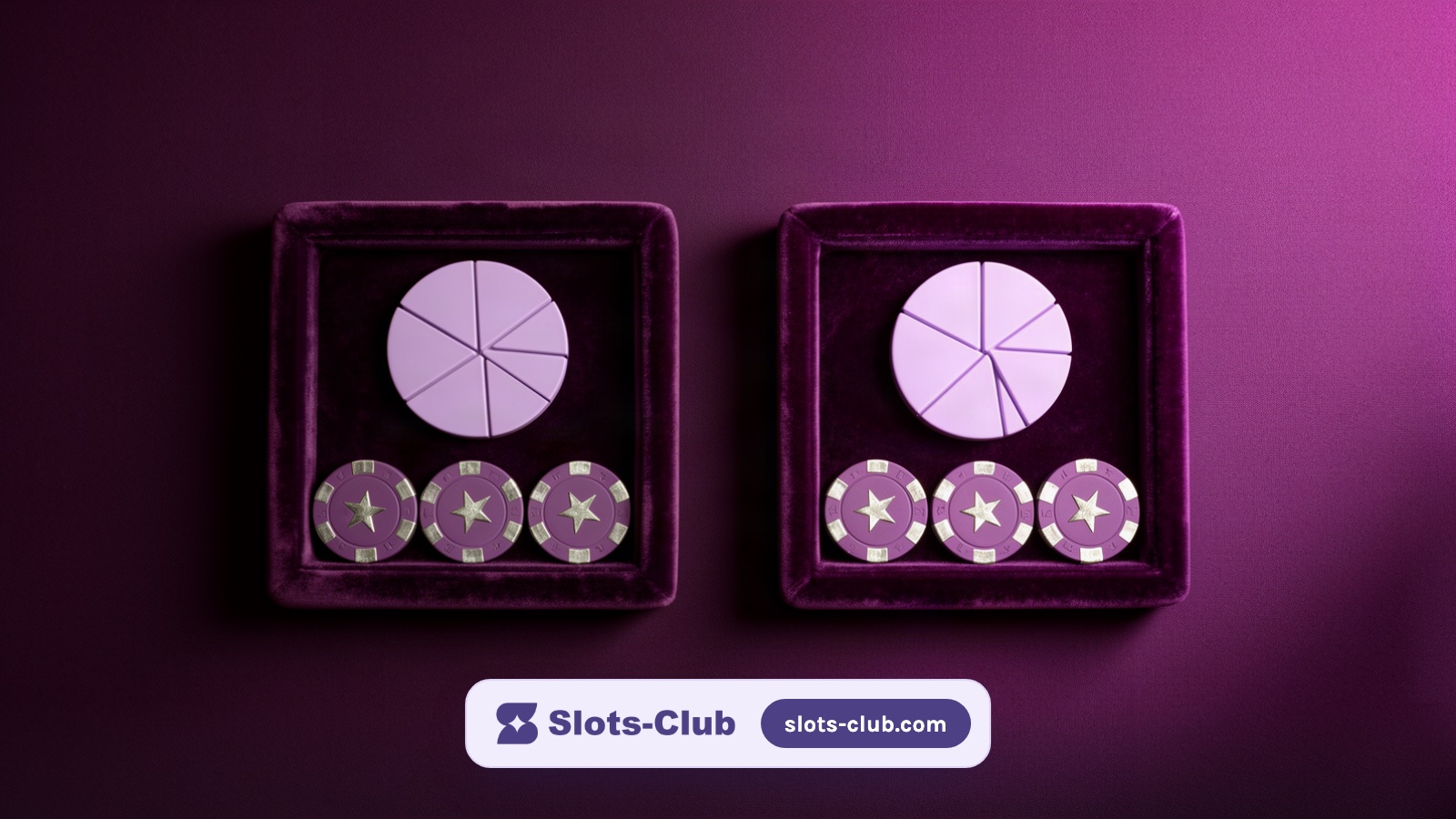 Two identical velvet trays on smooth purple club felt, each holding a lavender wheel disc and three silver-star chips, laid out for comparison.