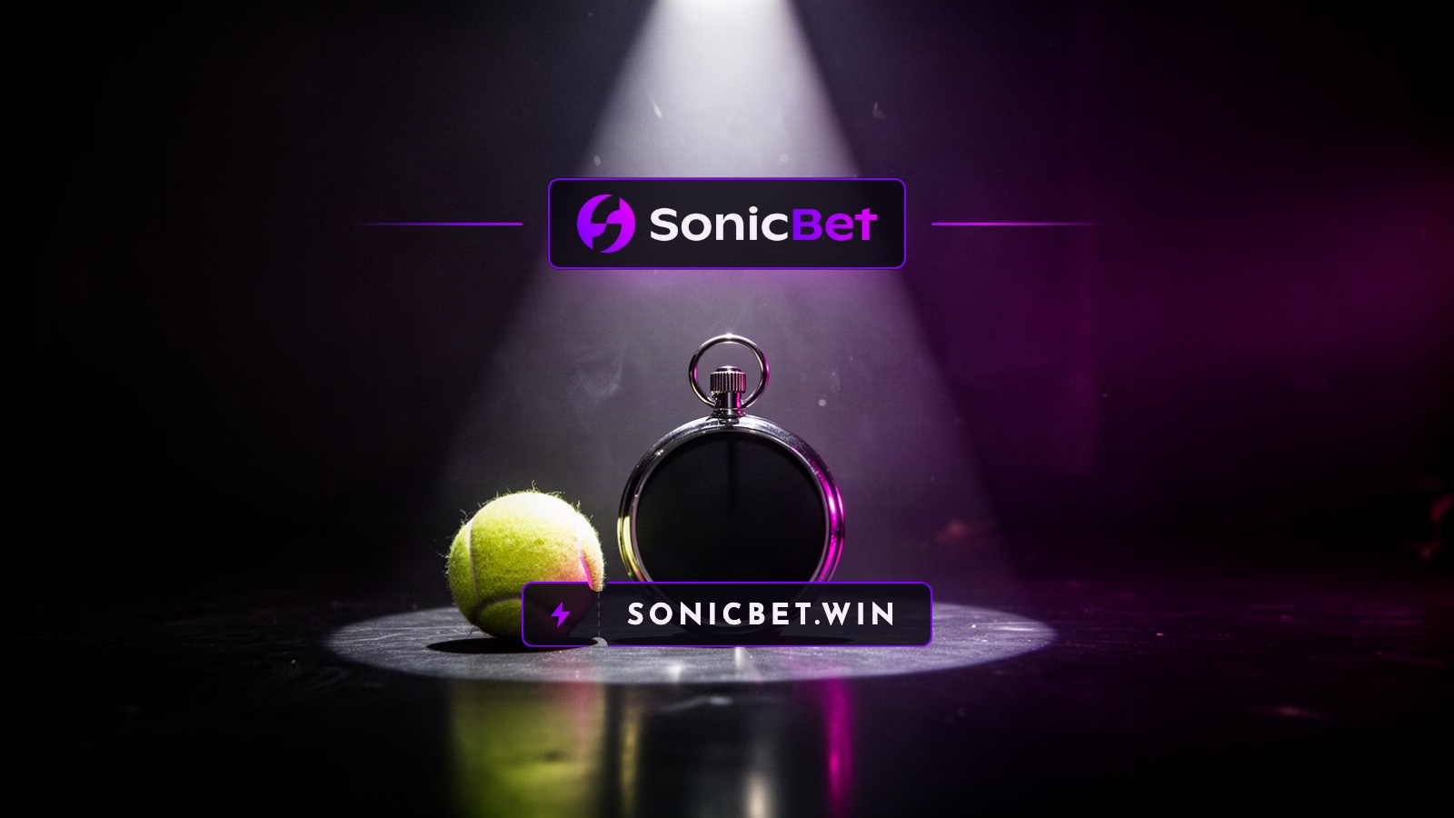A blank-dialled steel stopwatch and a tennis ball stand together in a single spotlight on a glossy black floor, rimmed in violet and magenta.