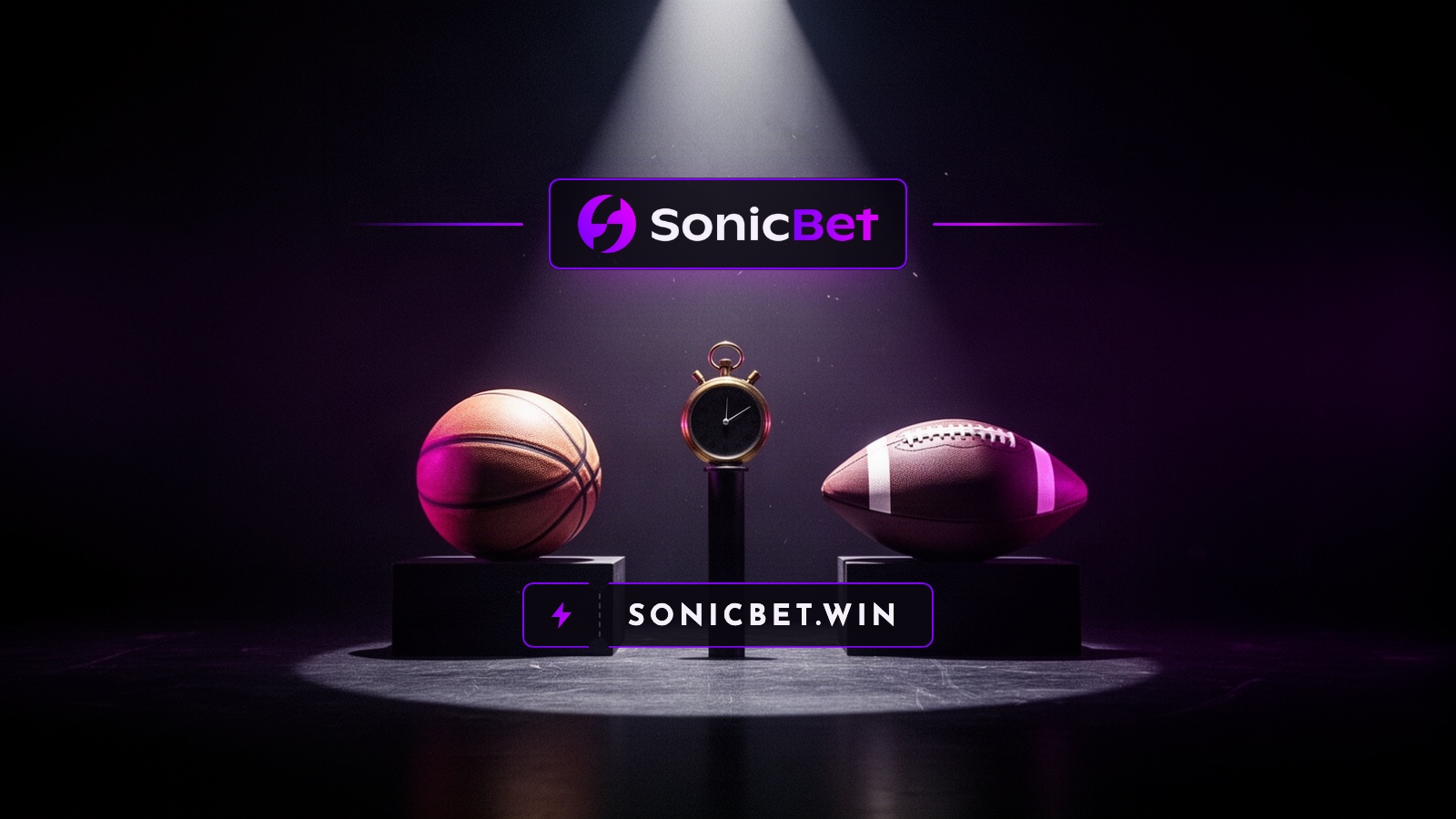 A basketball and an American football on separate plinths face each other under a spotlight, with a brass stopwatch on a column between them.