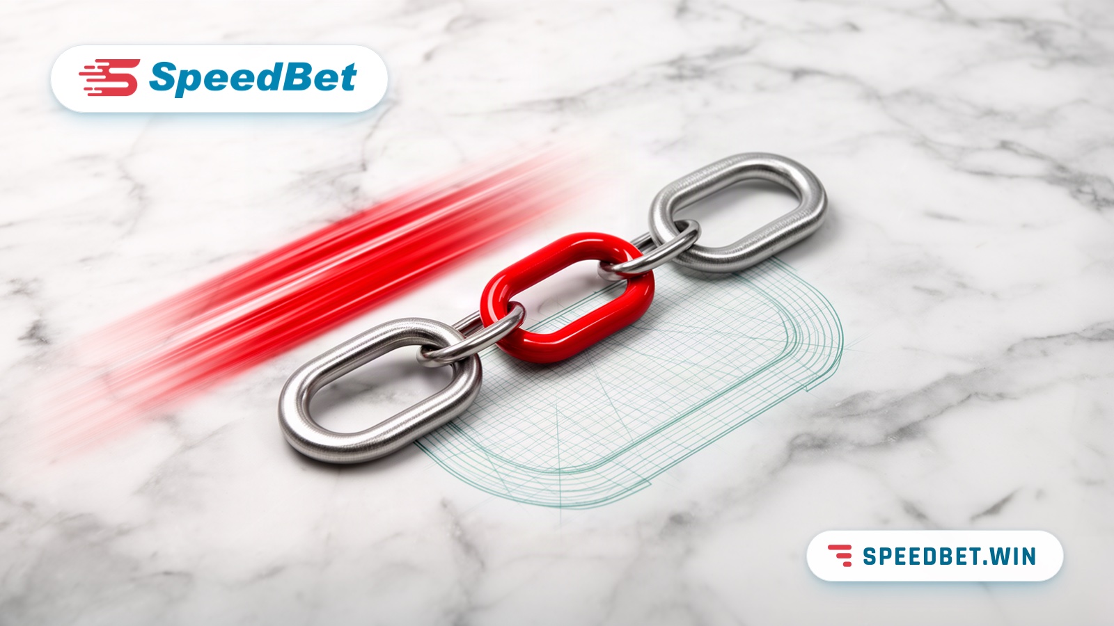 Three interlocked metal links, the middle one red, lie on white marble with red speed streaks trailing behind them.
