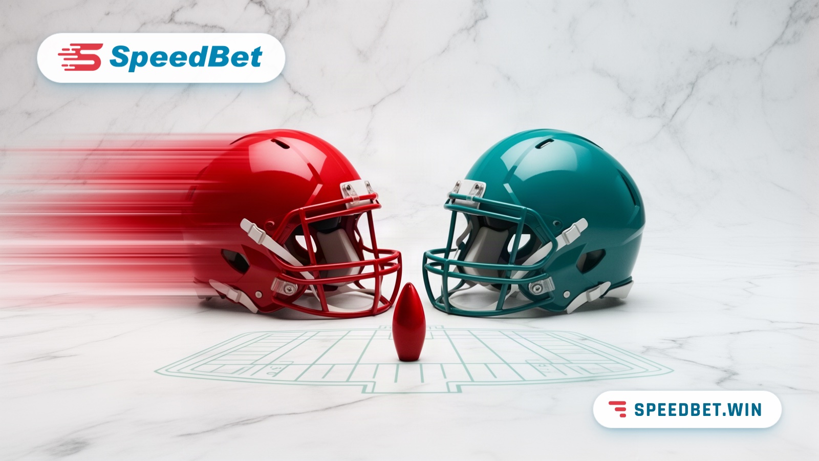 A plain red and a plain teal football helmet facing each other on white marble, a red chip set before the red one.