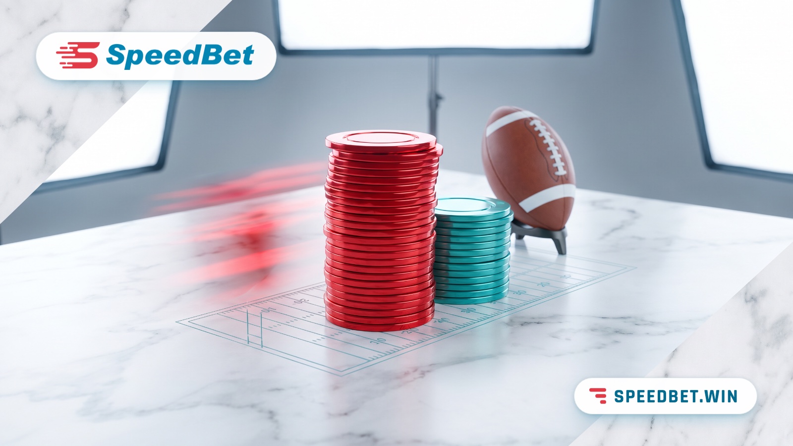 A tall red chip stack beside a shorter teal stack on white marble, a football on a tee behind, red speed streaks.