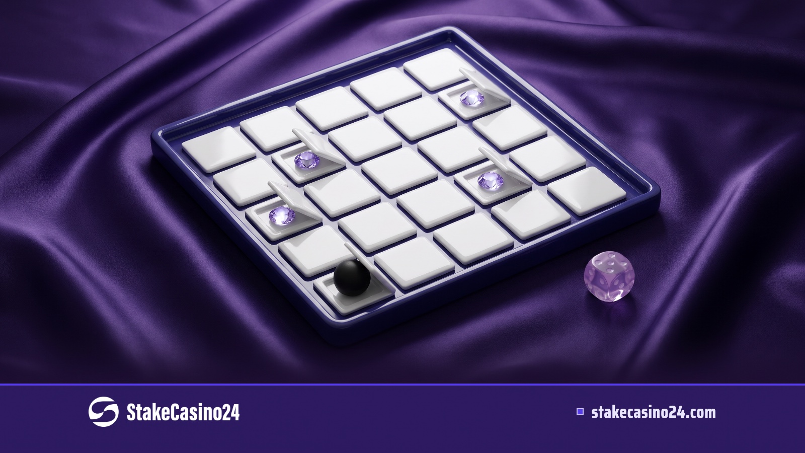 A five by five grid of white tiles on violet satin, four flipped to show gems and one revealing a black mine.