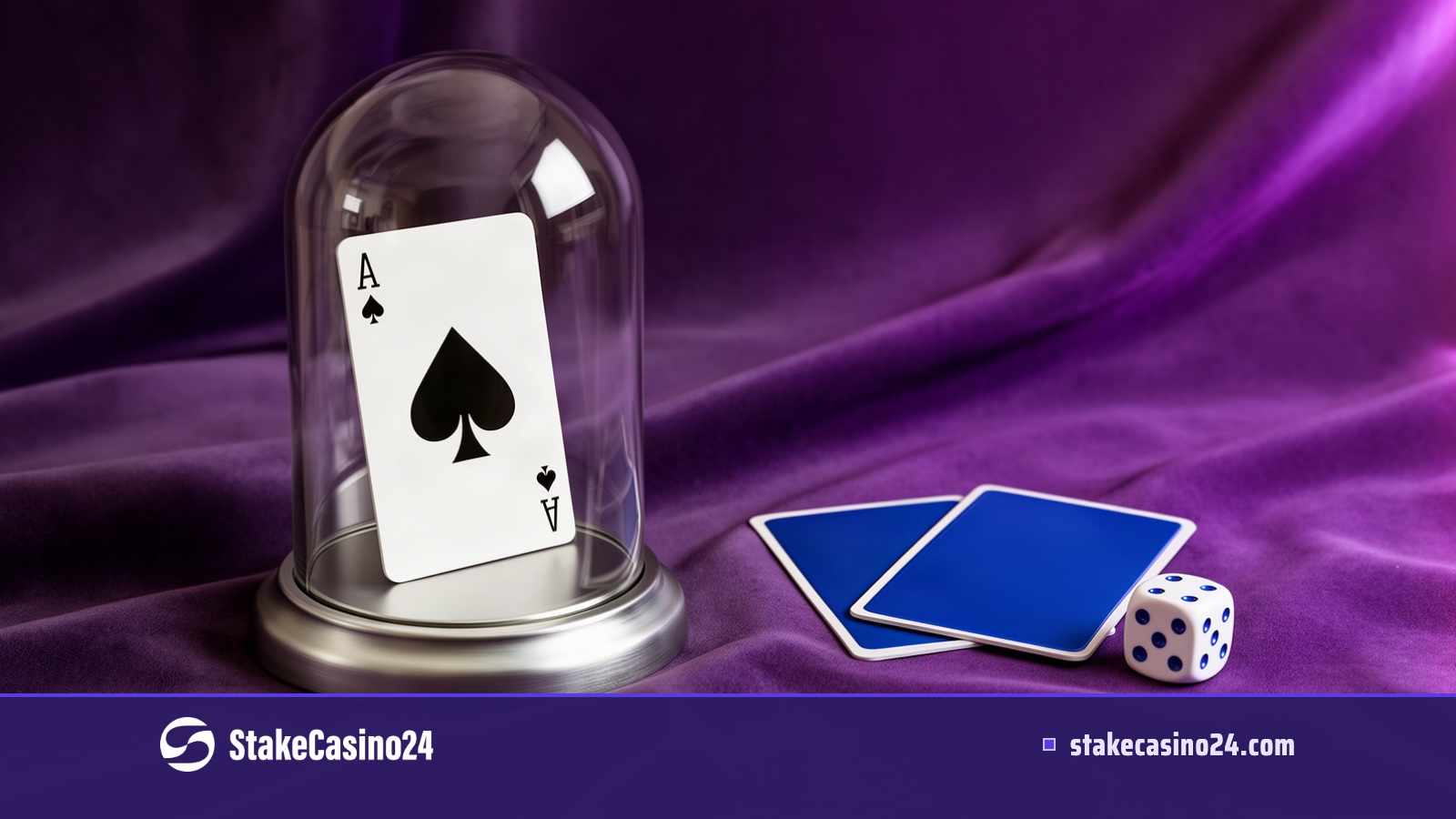 A sealed glass dome over a single ace of spades on violet satin, beside two face-down cards and a white die.