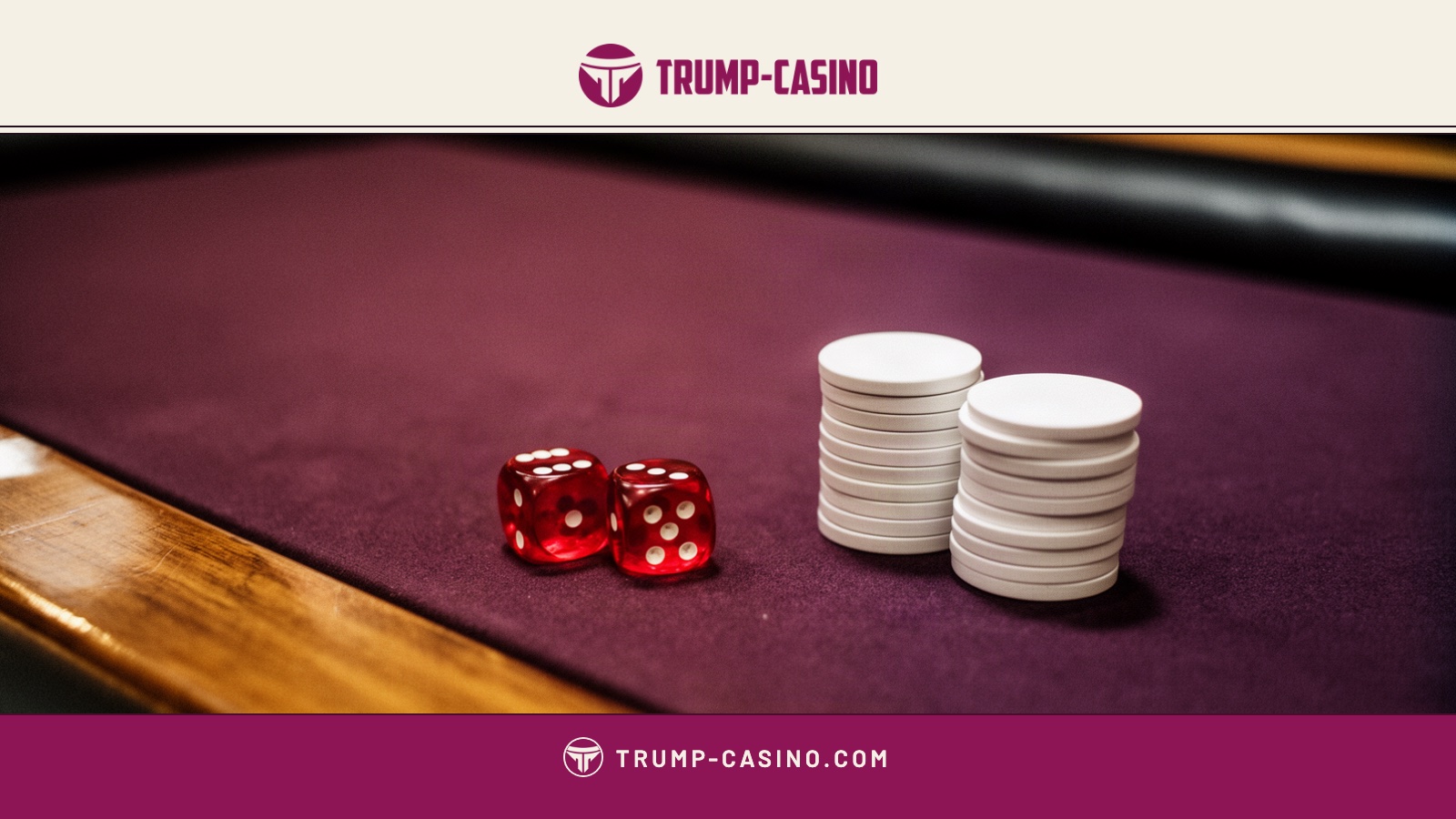 Two red dice at rest beside a small stack of plain chips backed by a second stack on the plum felt of a craps table.