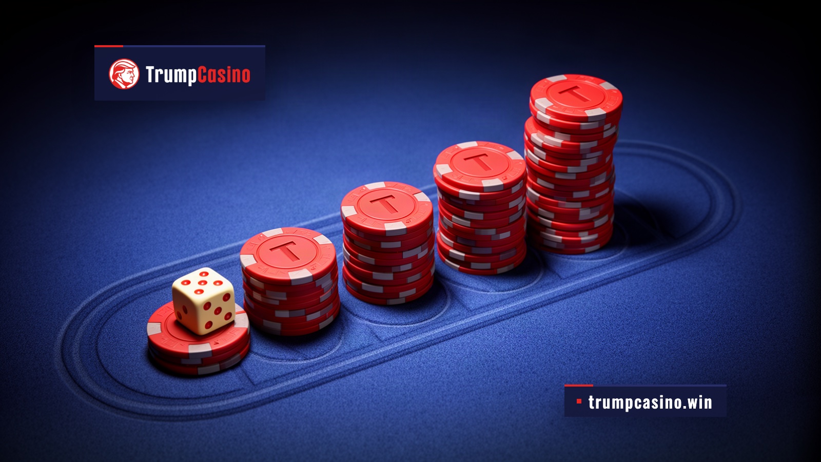 Five stacks of red casino chips on blue felt doubling in height from one chip to a tall tower, with a cream die beside the shortest stack.