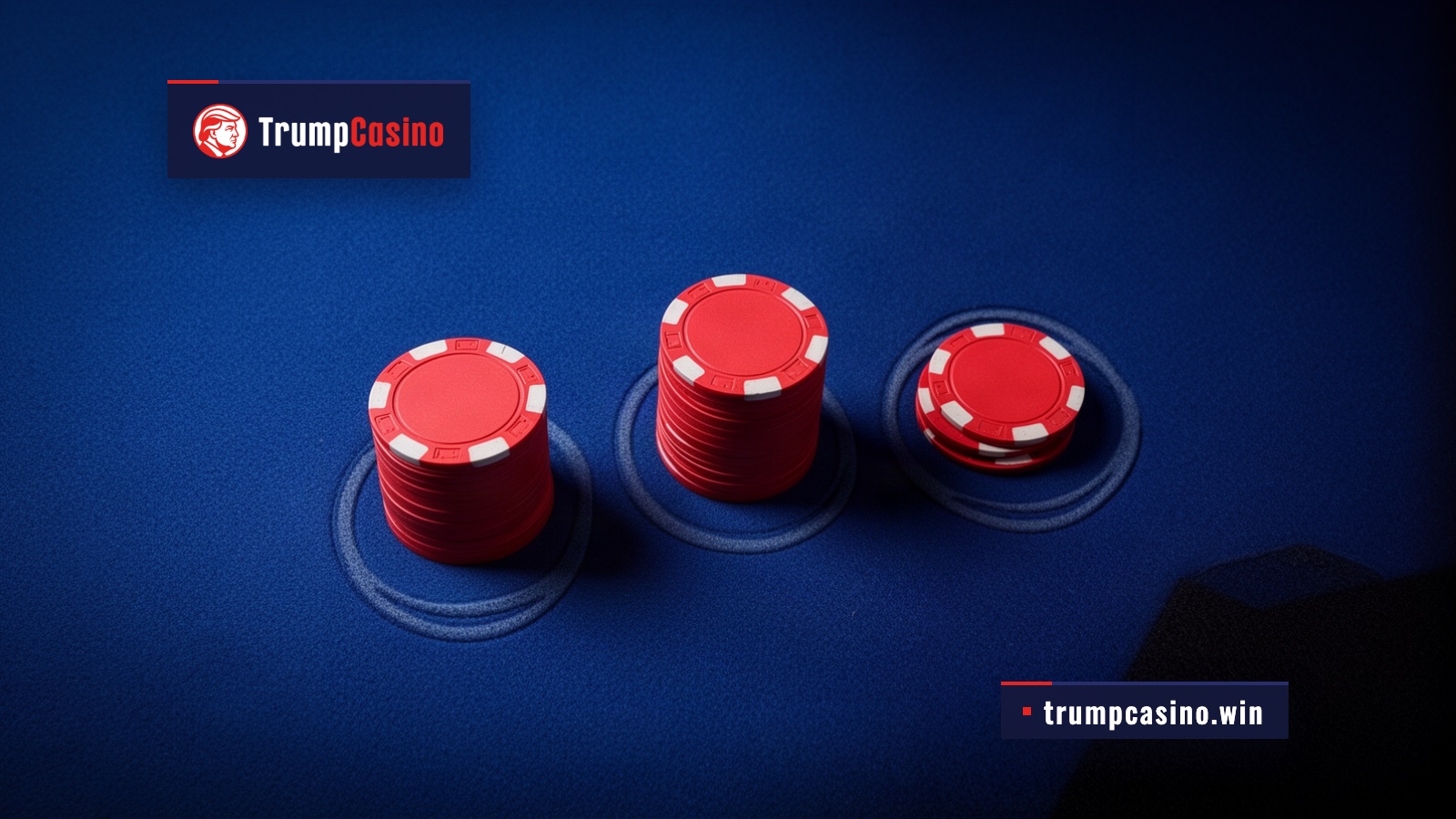 Three separate stacks of plain red casino chips in descending height on royal-blue felt, seen from directly above.