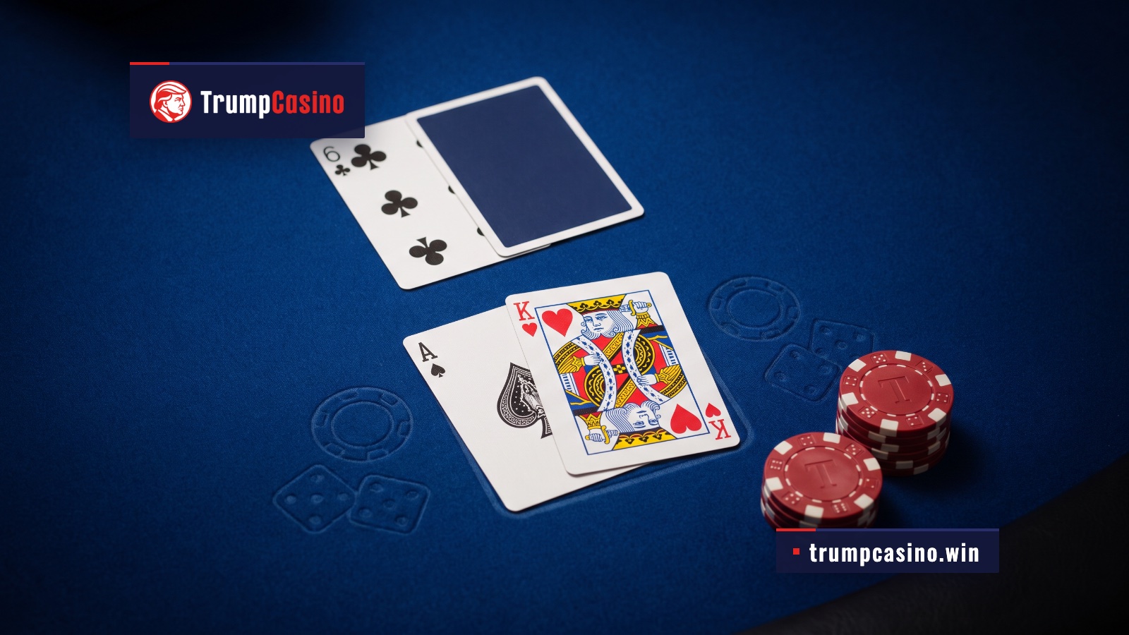 A blackjack hand of ace and king on blue felt, the dealer showing a six, beside stacks of three and two red chips.