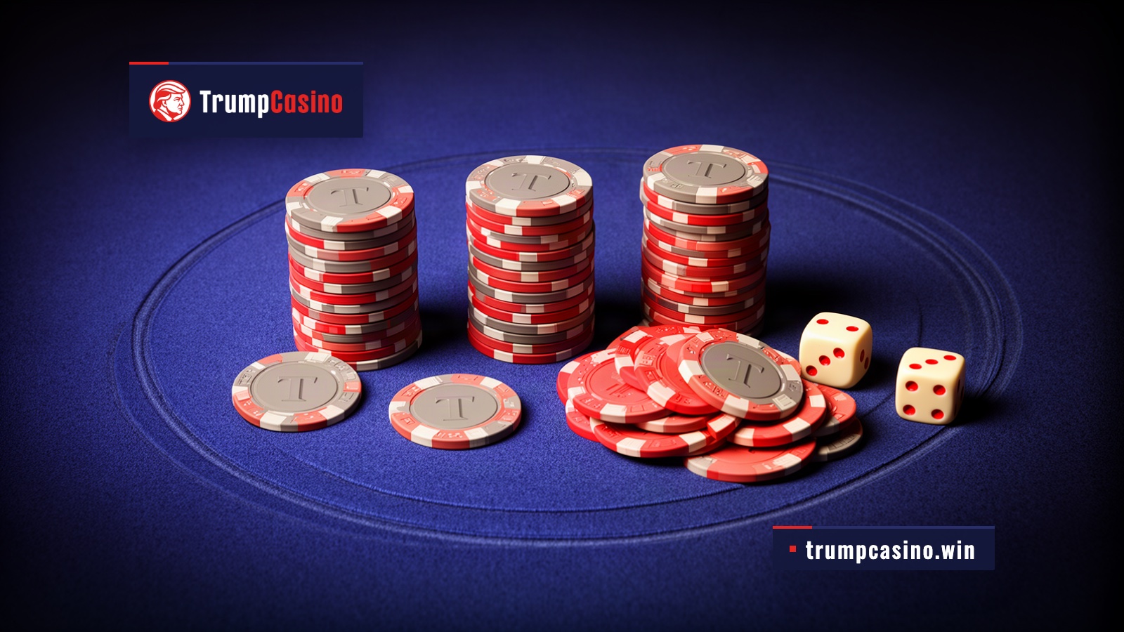 Three equal stacks of casino chips on blue felt, each with a different number of chips taken from it, one, two and a large heap.
