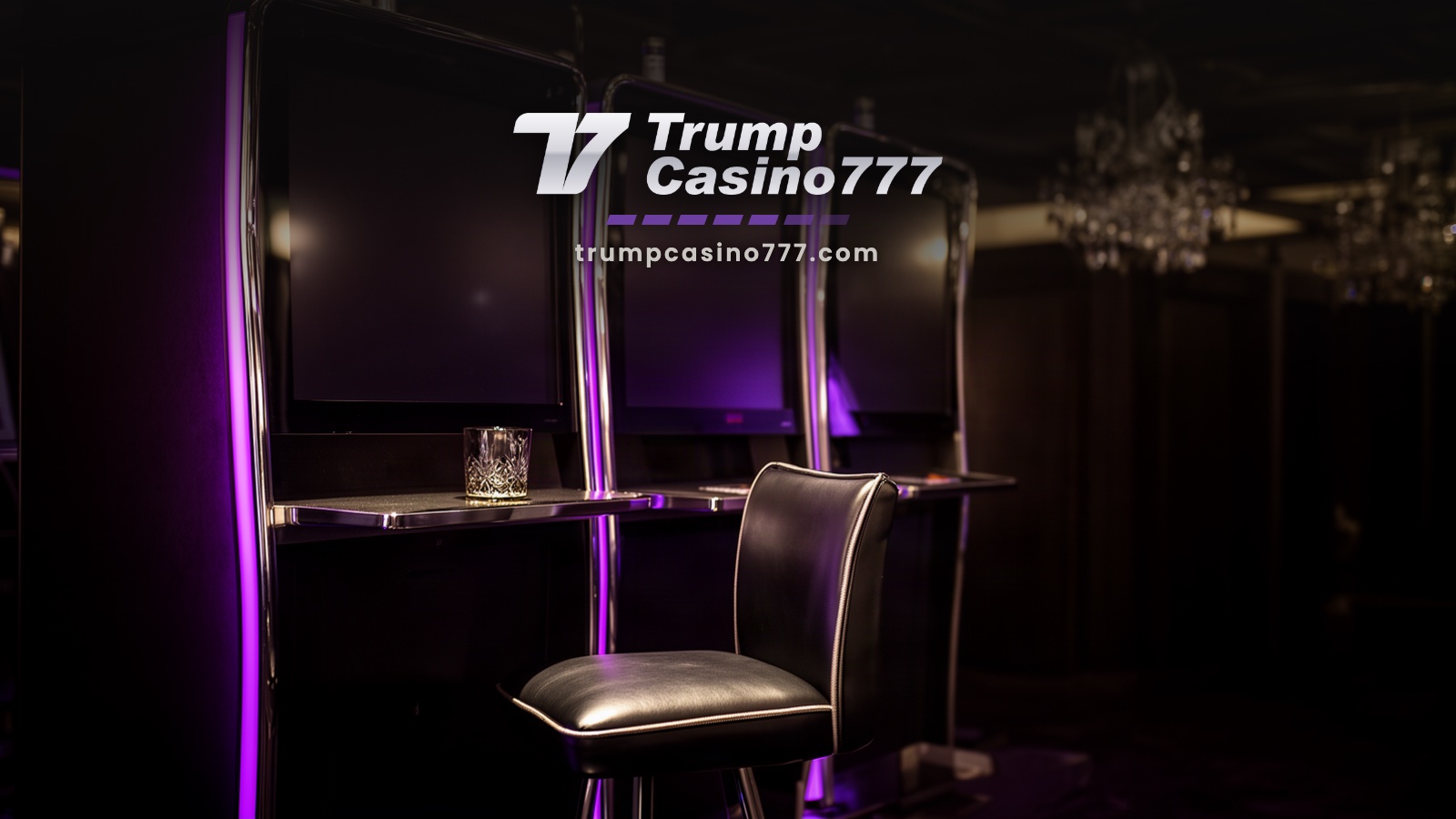 A lone leather stool in front of a row of dark chrome high-limit slot cabinets in a dim violet-lit salon, with a crystal tumbler on the shelf.