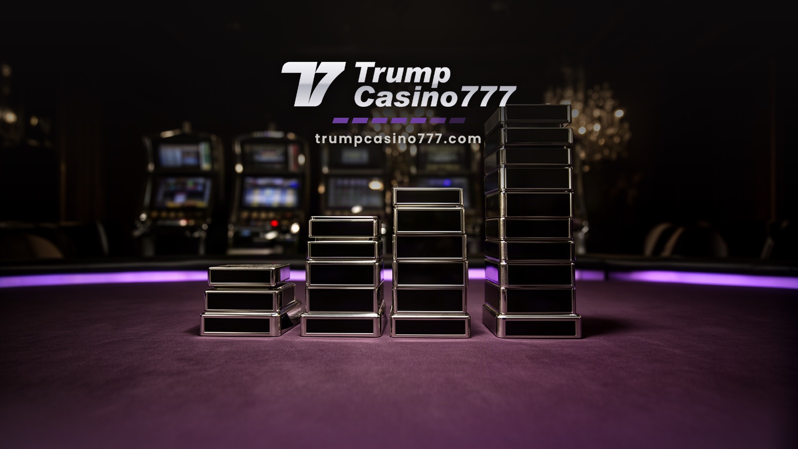 Four stacks of black casino plaques rising in height on a violet felt table in a dark high-limit salon, with slot cabinets blurred behind.