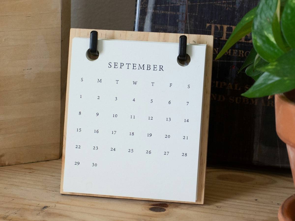 A paper desk calendar for September stands on a wooden shelf beside a potted plant.