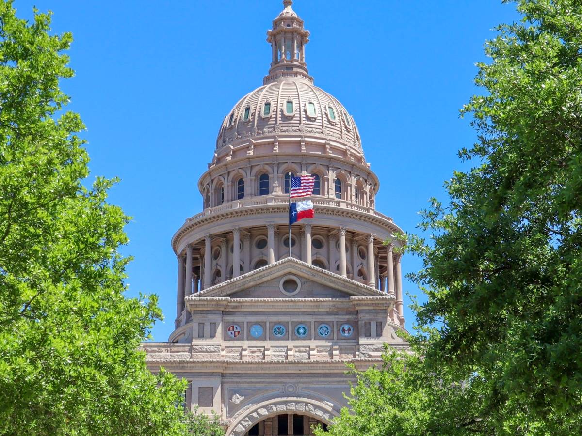 A state capitol building with a stone dome and a flag among green trees under a blue sky.