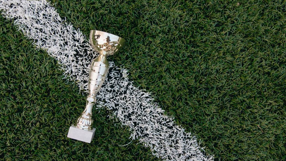 A small silver trophy cup lies on the grass beside a white pitch line.