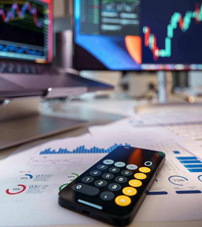 A smartphone calculator lies on printed charts on a desk in front of screens showing price charts.