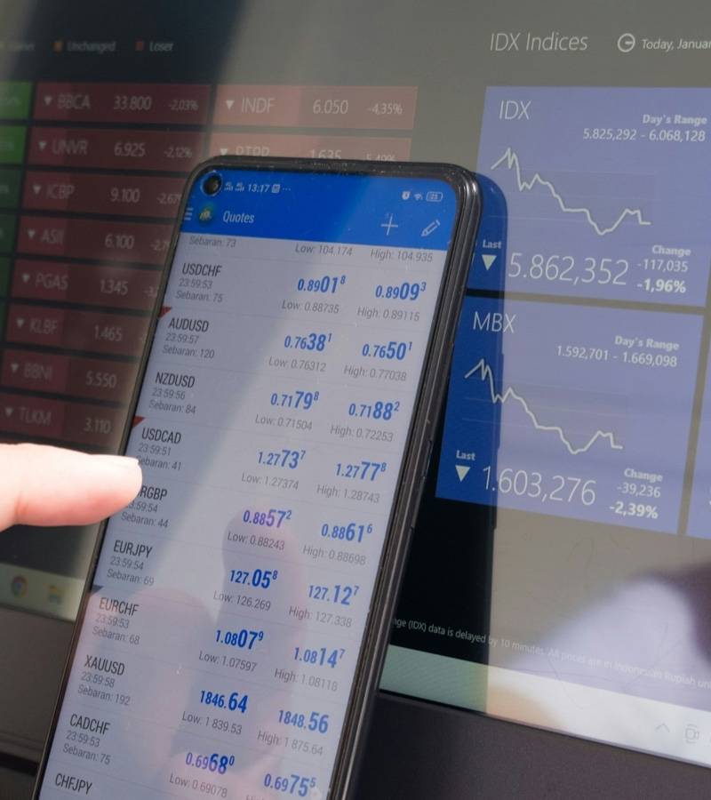 A finger points at a phone showing price quotes in front of a screen of market charts.