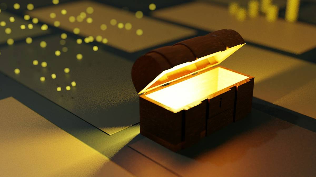 A small treasure chest opening with a golden glow and sparks rising from it.